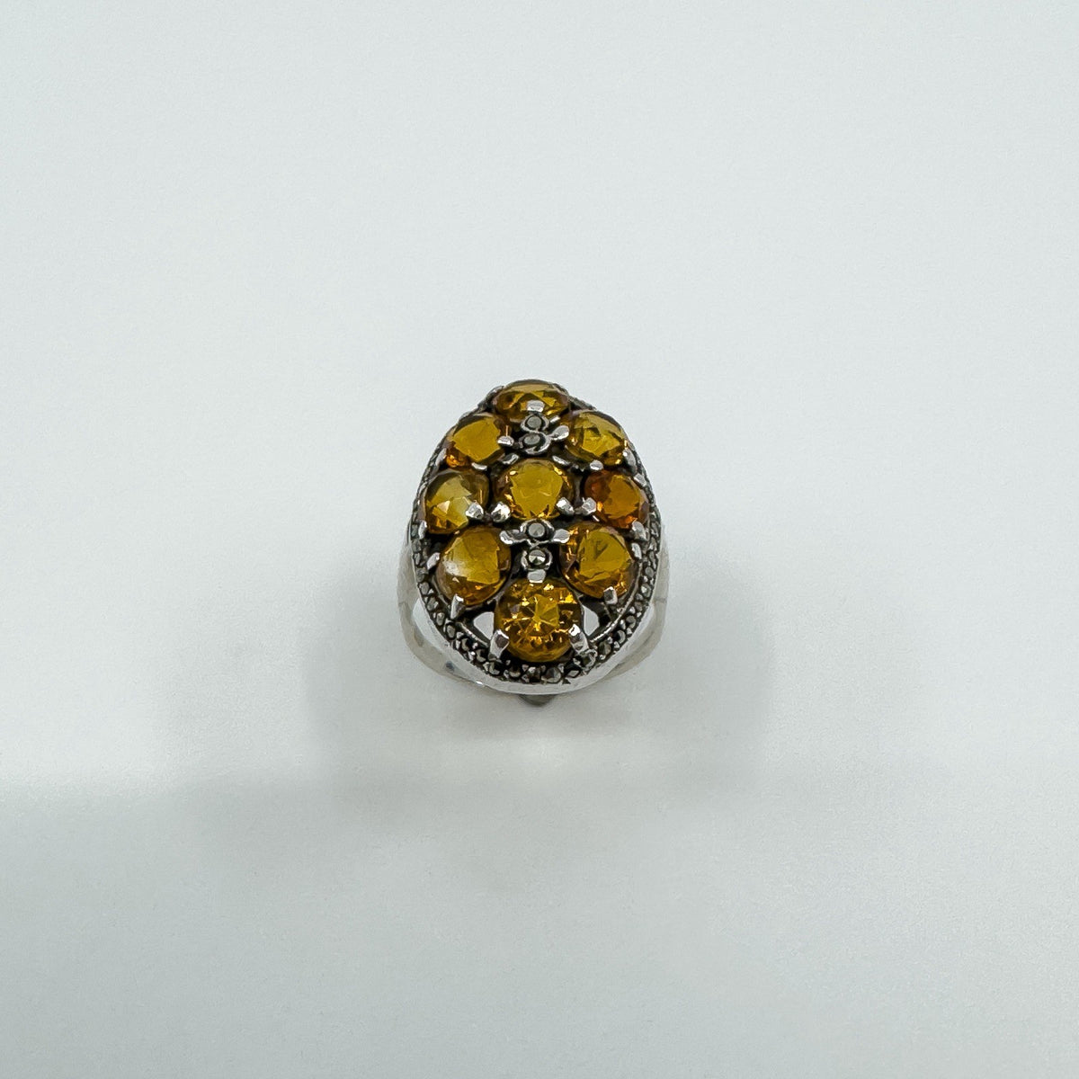 Huge Chunky Sterling Silver 4.50ct Citrine & Marcasite Cocktail Ring Size O - P