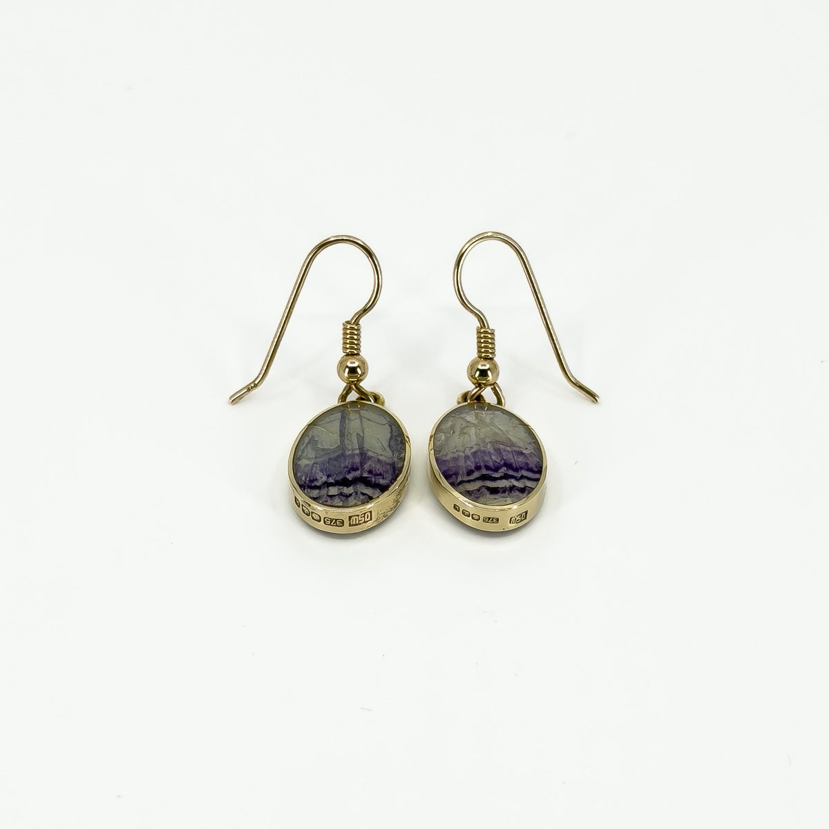 Vintage 9ct Gold Fob Earrings Blue John & Black Onyx 375 by David Scott Walker