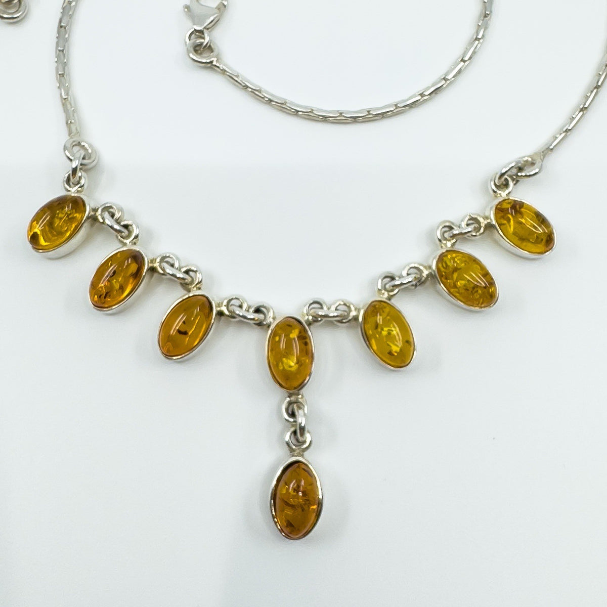 Vintage Sterling Silver Baltic Amber Fringed Drop 19” Necklace 925