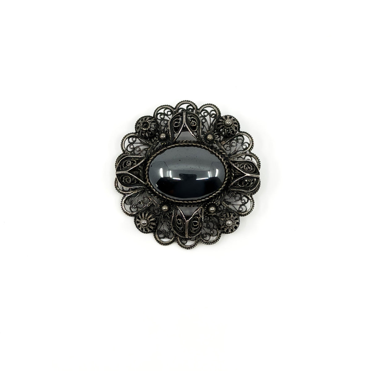 Large Vintage Sterling Silver Filigree Hematite Brooch 925