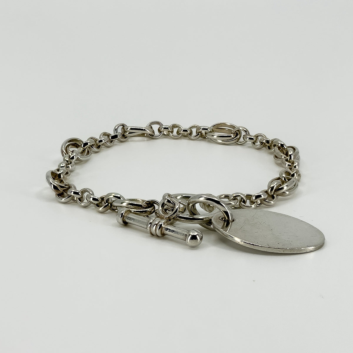 Vintage Sterling Silver Rolo & Oval Links Toggle Charm Bracelet 925