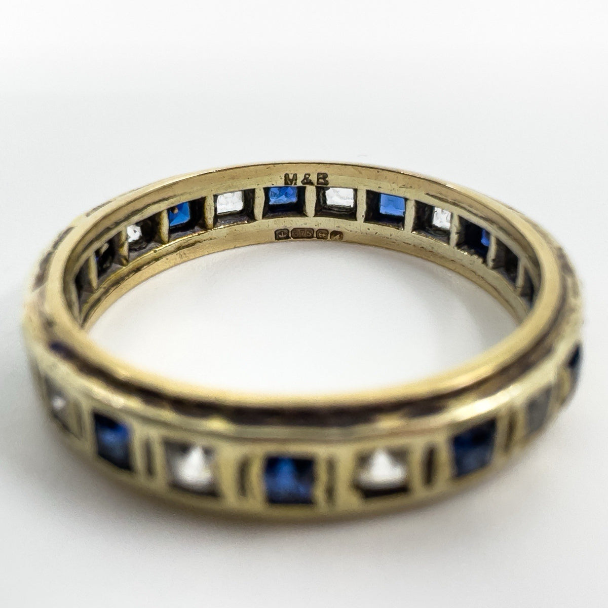 Vintage 9ct Gold Blue & White Spinel Full Eternity Band / Ring Size Q
