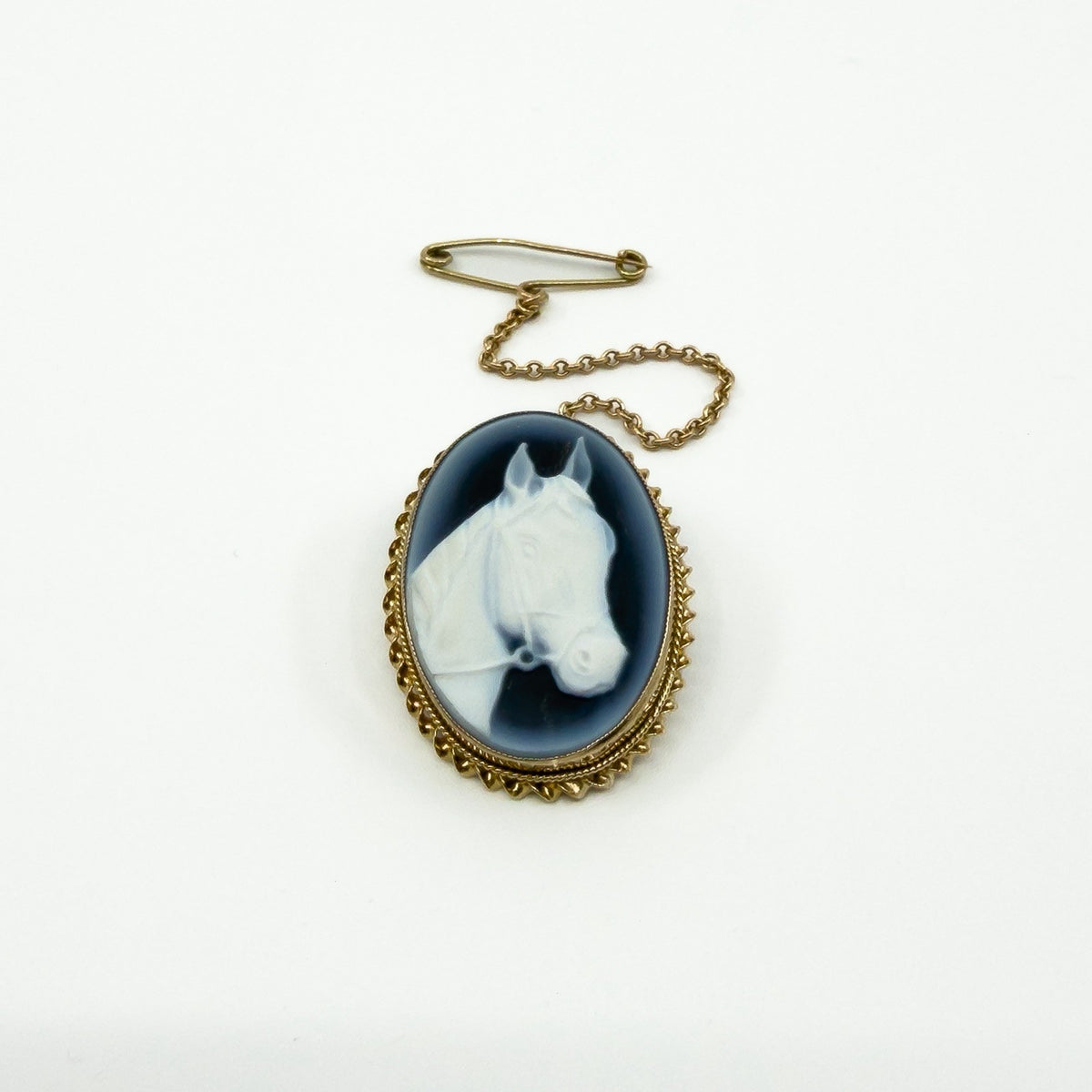 Vintage 9ct Gold Blue Agate Cameo Equestrian Horse Brooch / Pendant 375