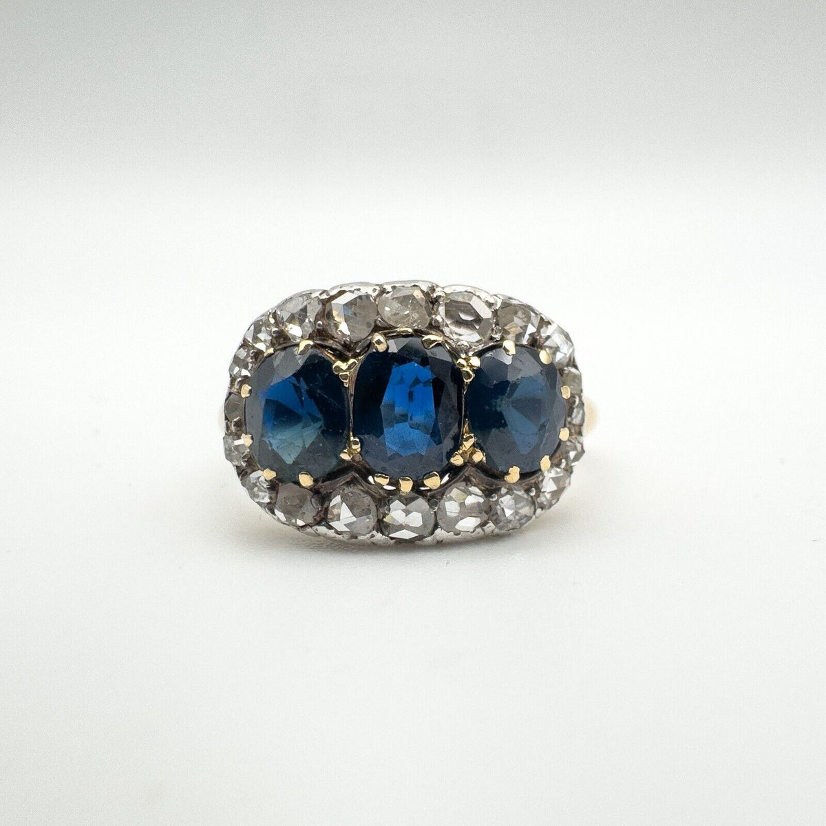 Antique 18ct Gold1.80ct Trilogy Sapphire & Rose Cut Diamond Ring Size R - S