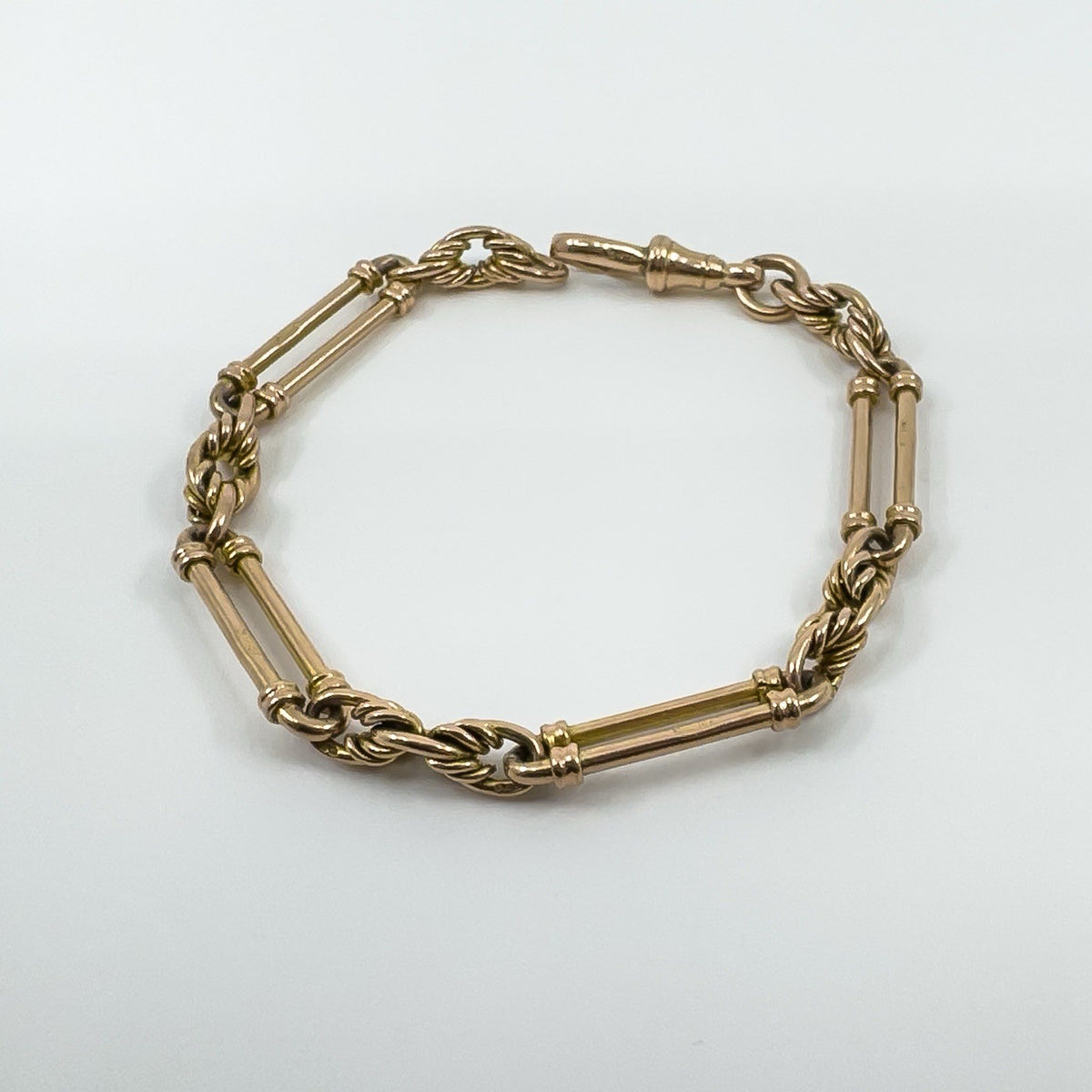 Antique 9ct Rose Gold Fancy Trombone & Fetter Links Bracelet & Dog Clip 375 18g