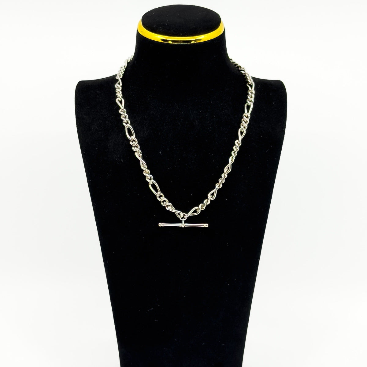 Vintage Sterling Silver Fancy Figaro Link 17” Albert Chain & T-Bar 925