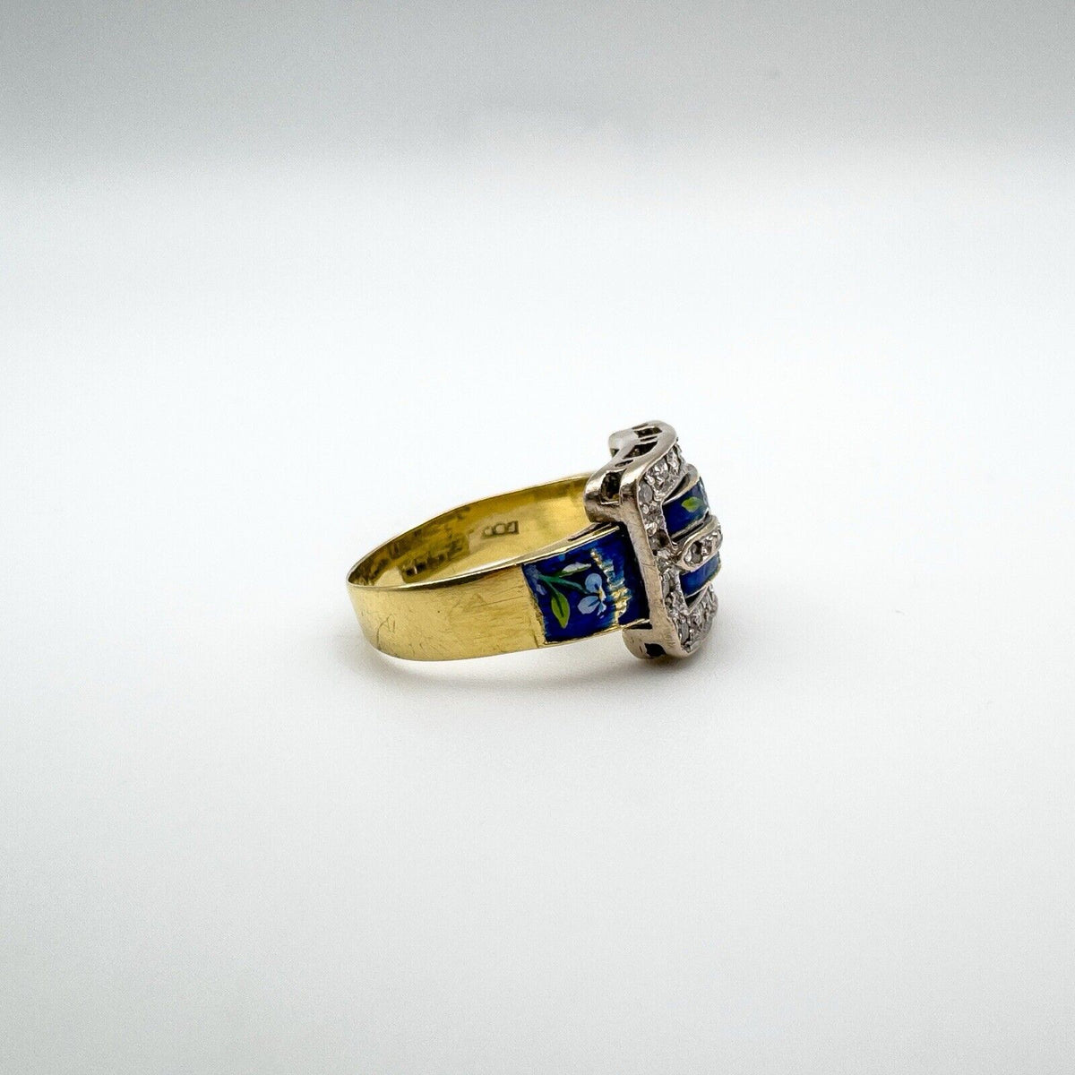 Unusual Vintage 18ct Gold Diamond & Floral Enamelled Buckle Ring Size M Heavy 6g