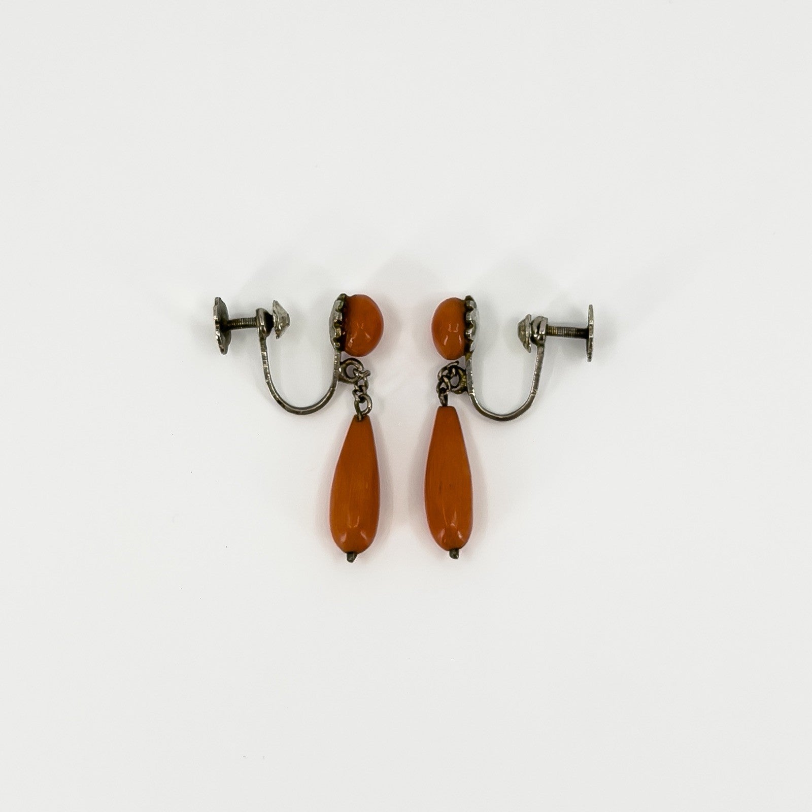 Antique Victorian Sterling Silver Natural Coral Screw Back Earrings 925