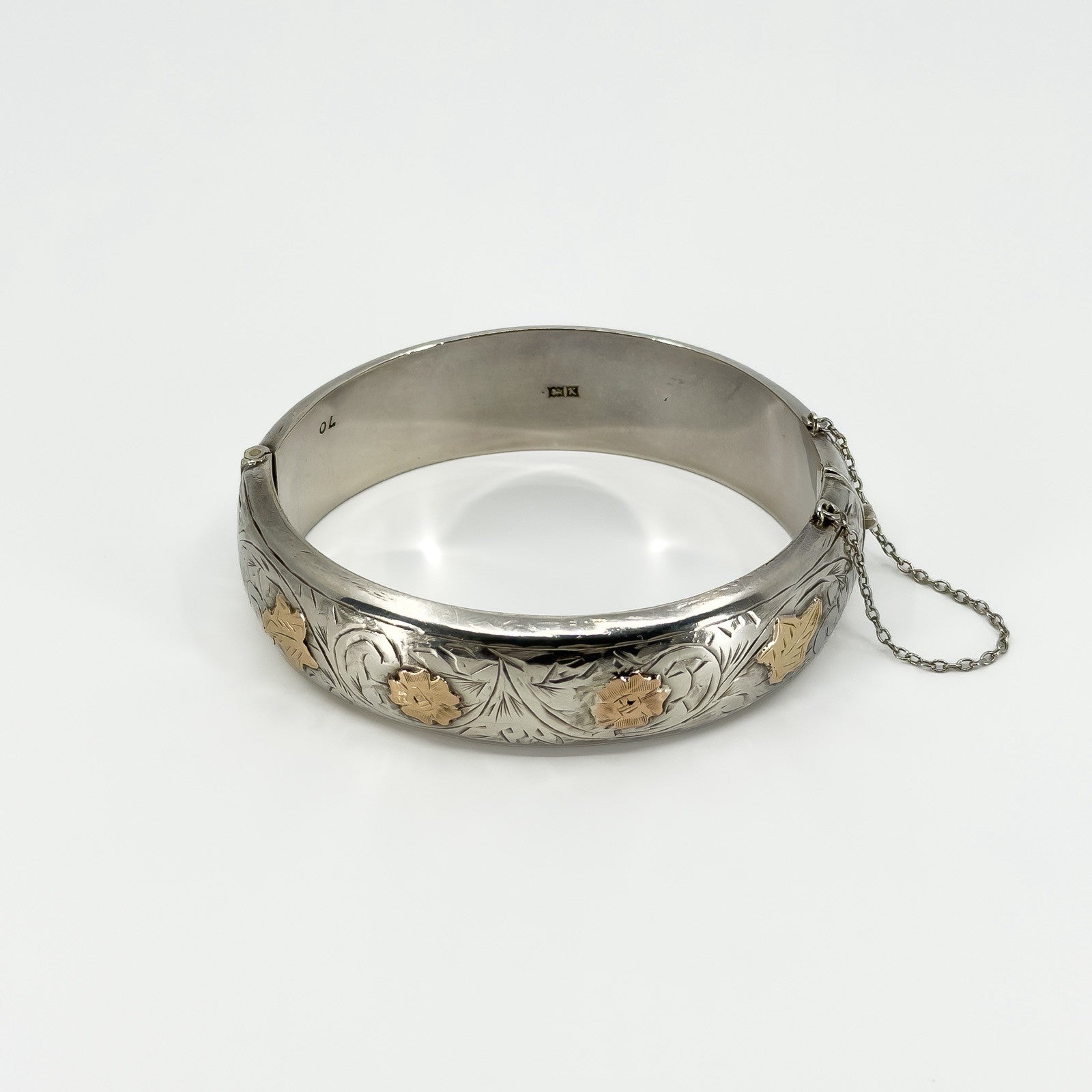 Chunky Vintage Sterling Silver & Rose Gold Engraved Floral Bangle 925 Birm 1959