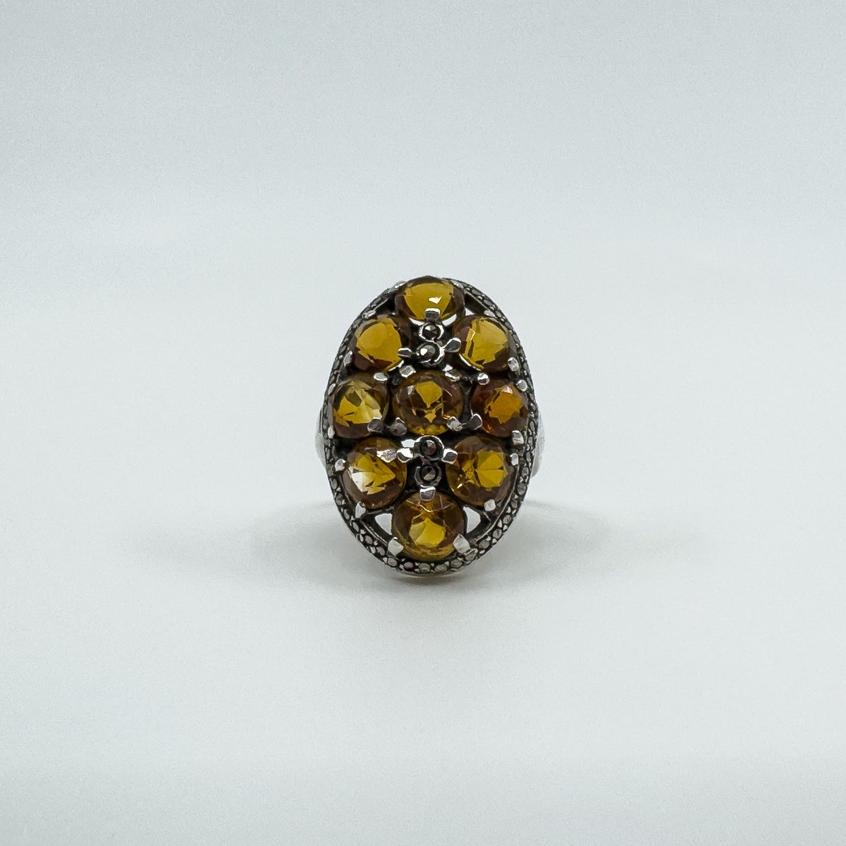 Huge Chunky Sterling Silver 4.50ct Citrine & Marcasite Cocktail Ring Size O - P