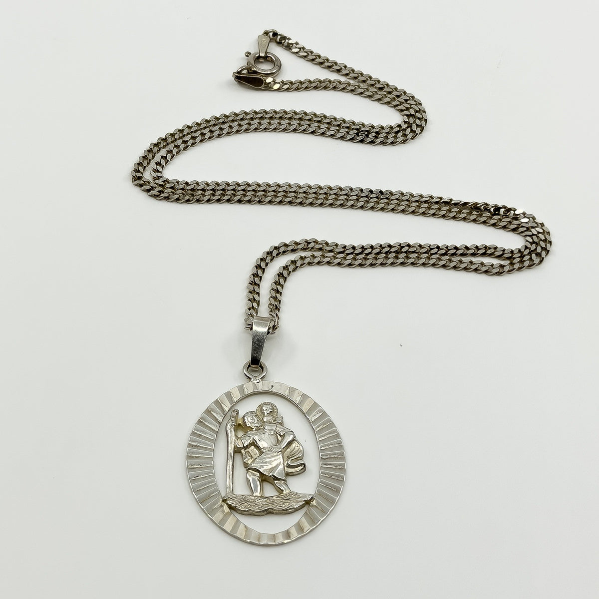 Large Vintage Sterling Silver St. Christopher Pendant & 18" Curb Chain 925