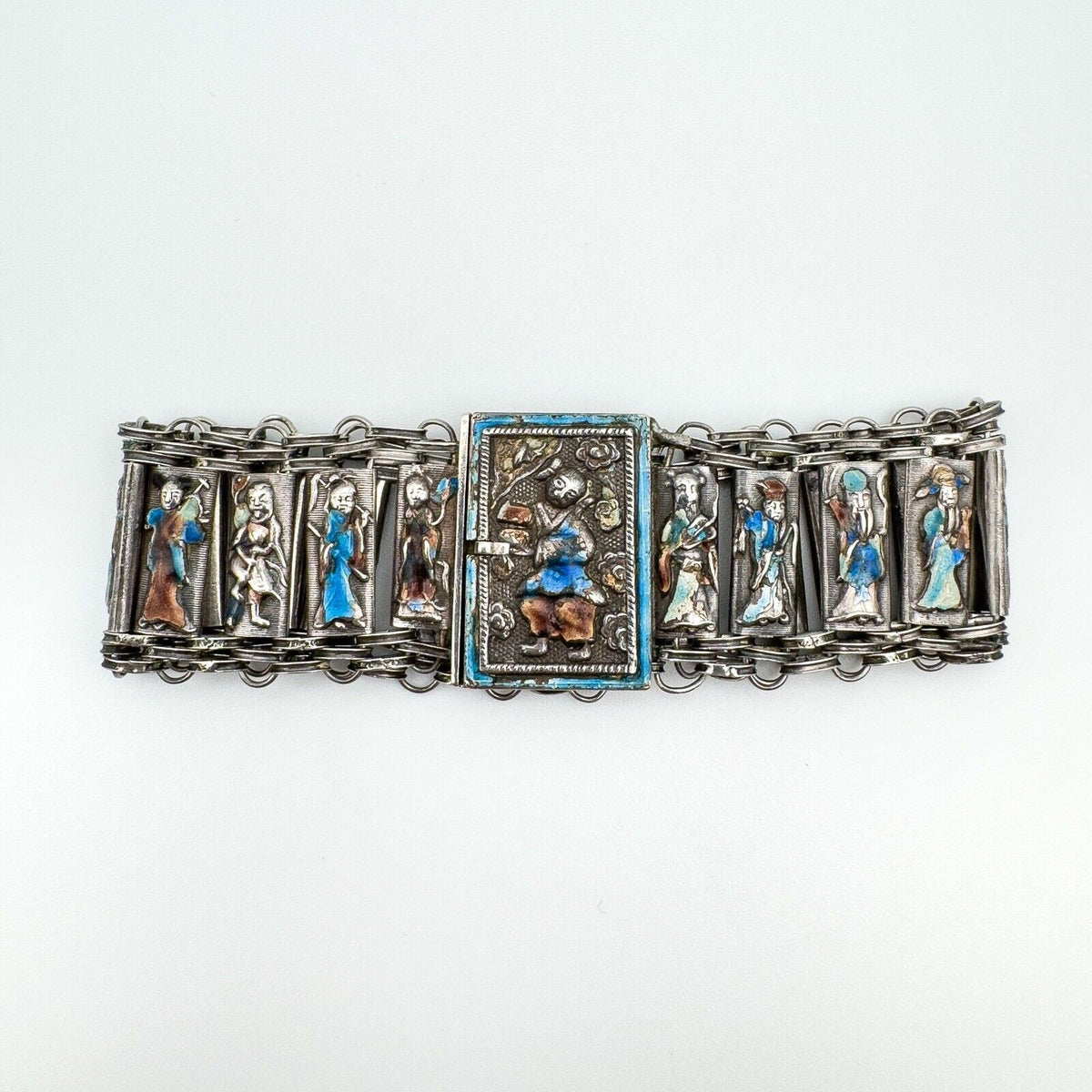 RARE Vintage Antique Silver Chinese People Enamelled Bracelet - 8x Immortals 16g
