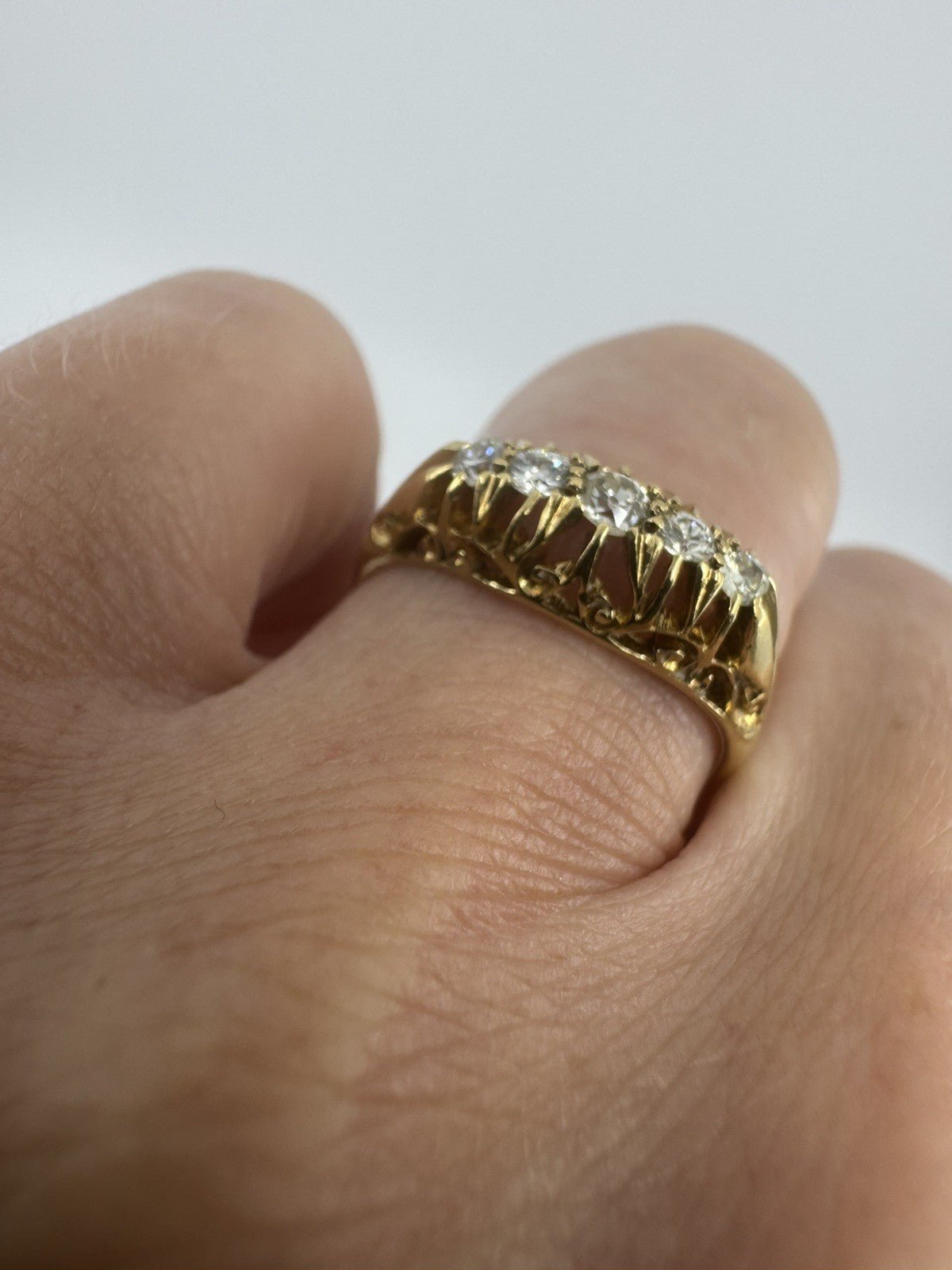 Antique 18ct Gold 0.32ct Diamond Boat Ring 750 Size N (Birm 1914)