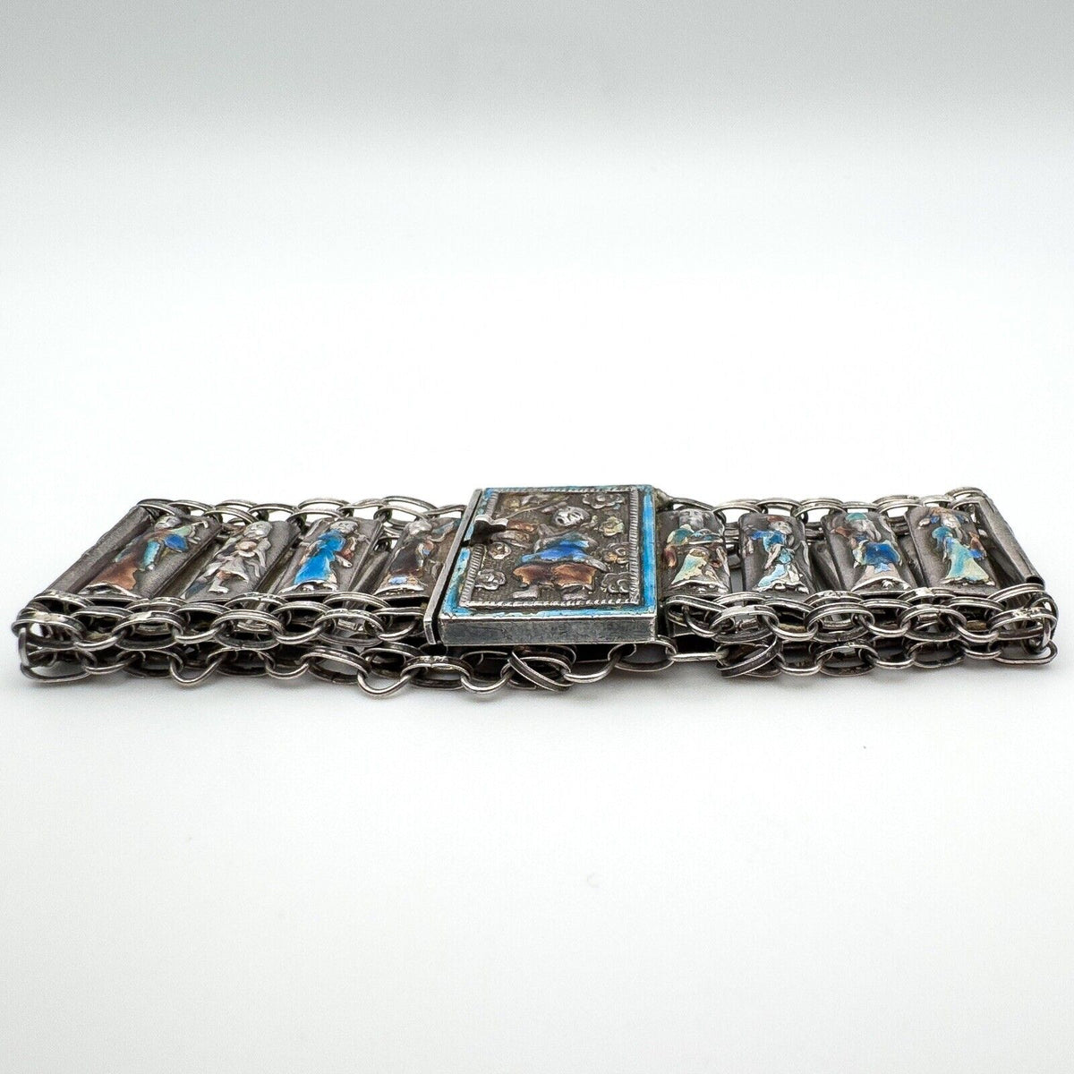 RARE Vintage Antique Silver Chinese People Enamelled Bracelet - 8x Immortals 16g