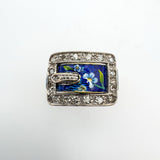 Unusual Vintage 18ct Gold Diamond & Floral Enamelled Buckle Ring Size M Heavy 6g