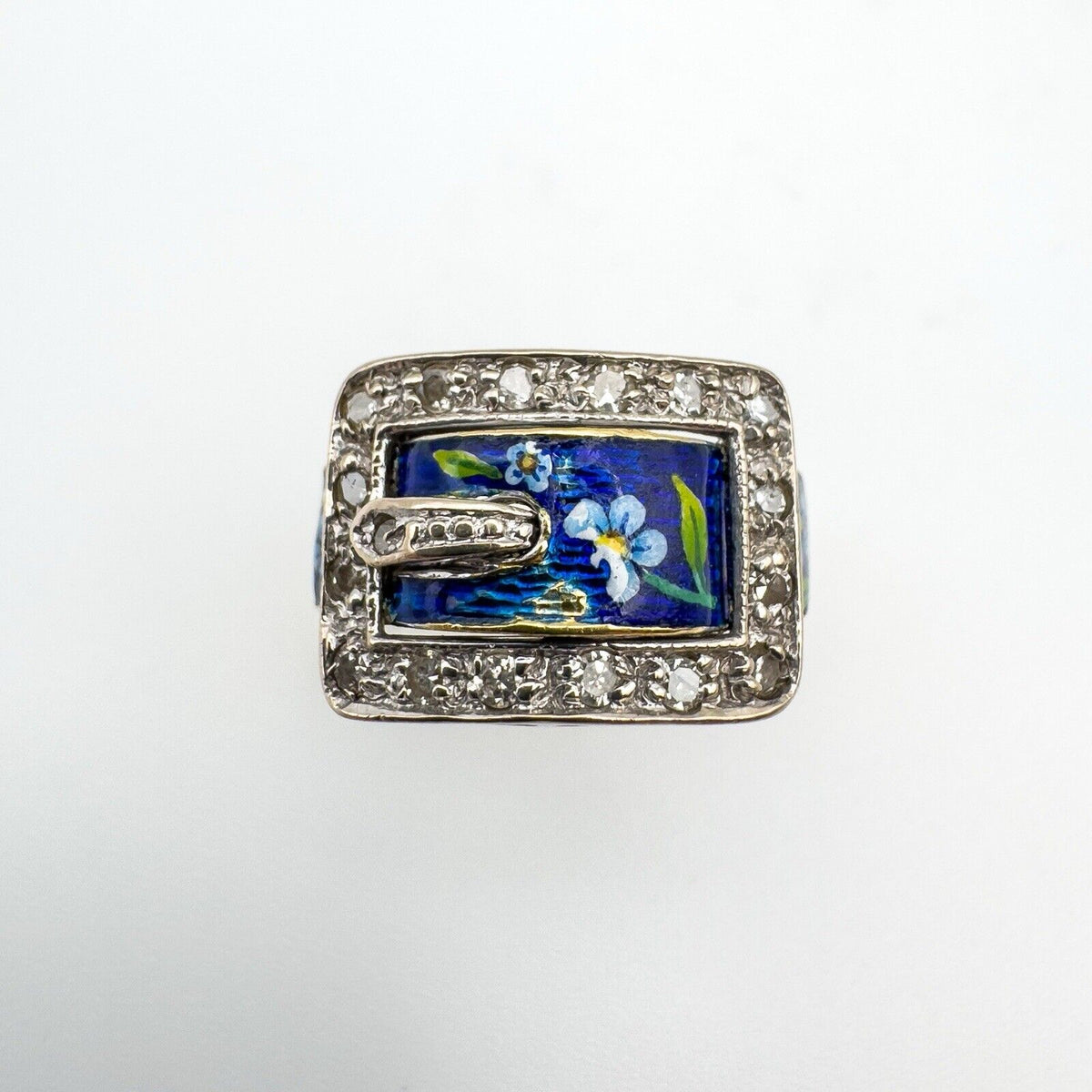 Unusual Vintage 18ct Gold Diamond & Floral Enamelled Buckle Ring Size M Heavy 6g
