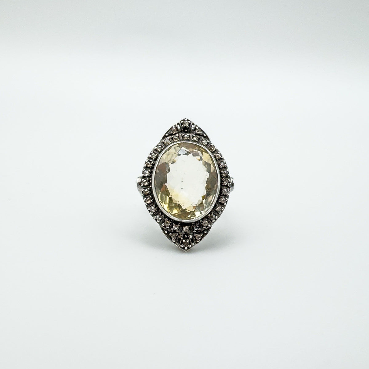 12ct Citrine & Diamond Navette Cocktail Ring in Sterling Silver 925 Size M - N
