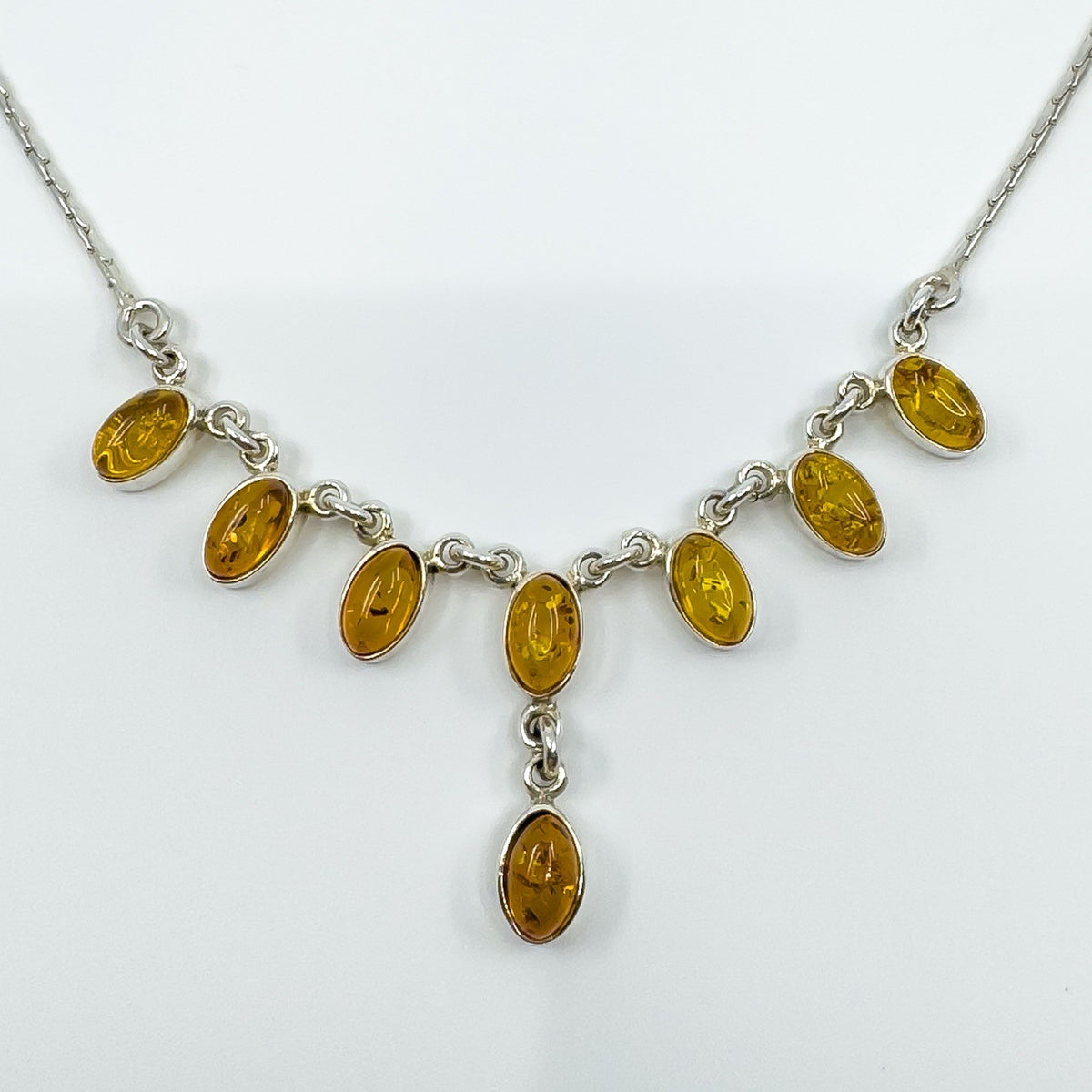 Vintage Sterling Silver Baltic Amber Fringed Drop 19” Necklace 925