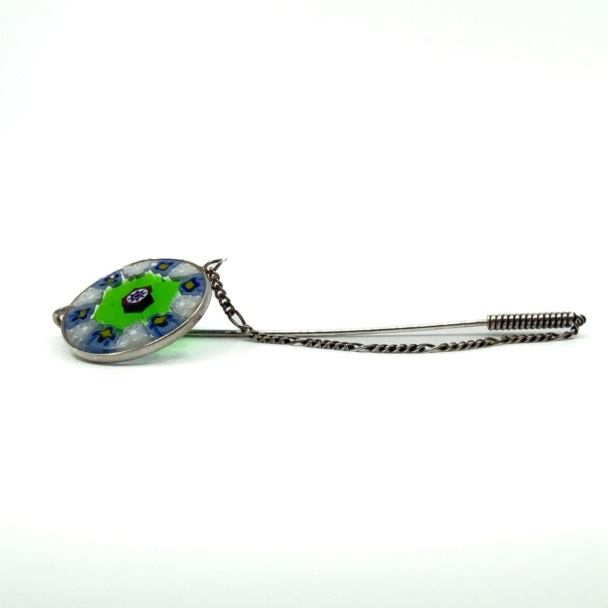 Vintage Sterling Silver Floral Murano Glass Millefiori Brooch / Stick Pin 925
