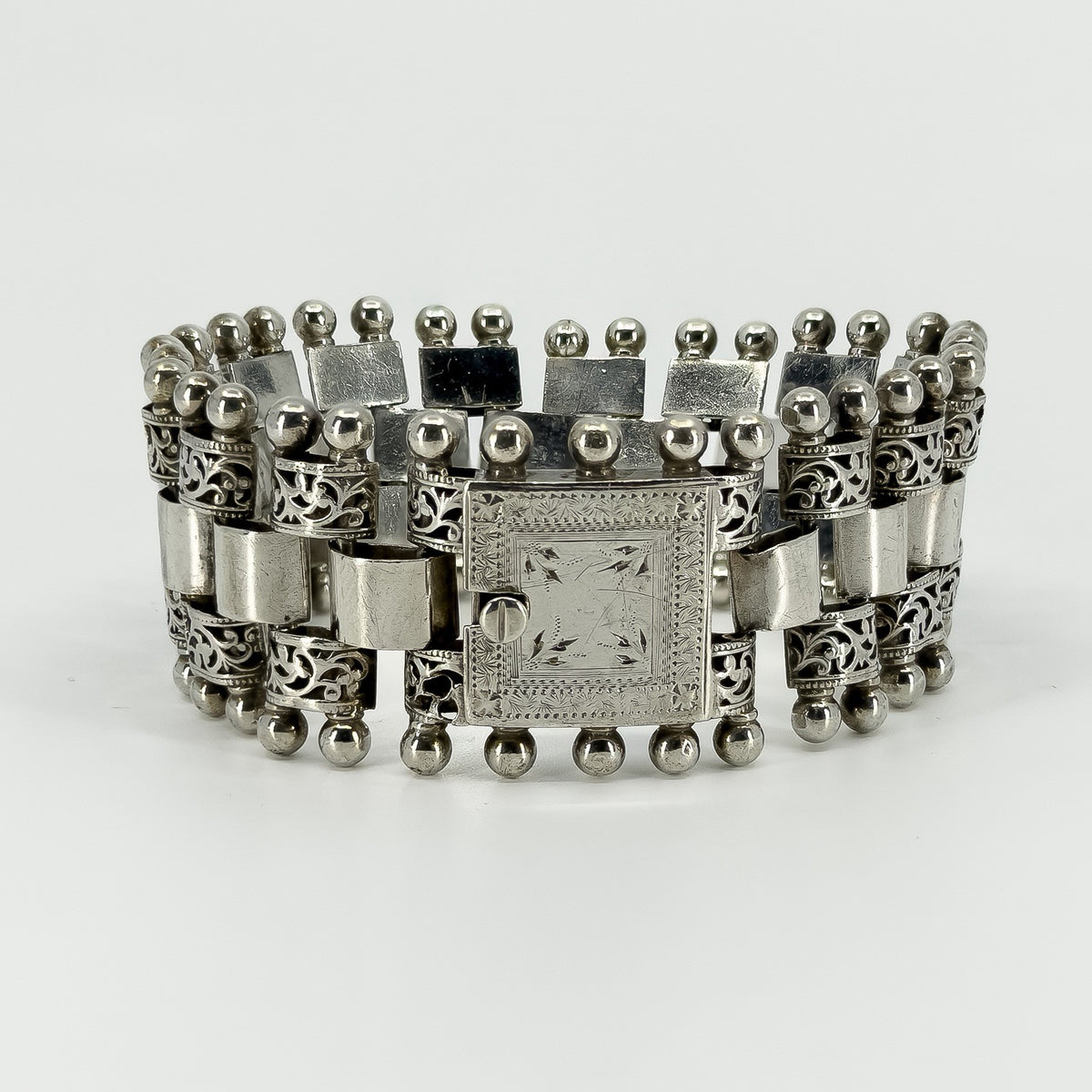 RARE Antique Victorian Sterling Silver Floral Engraved Book Chain Bracelet 925
