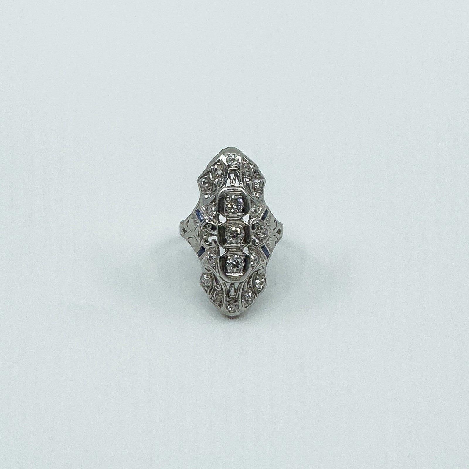 Antique / Art Deco Platinum Diamond & Sapphire Trilogy Navette Ring Size M
