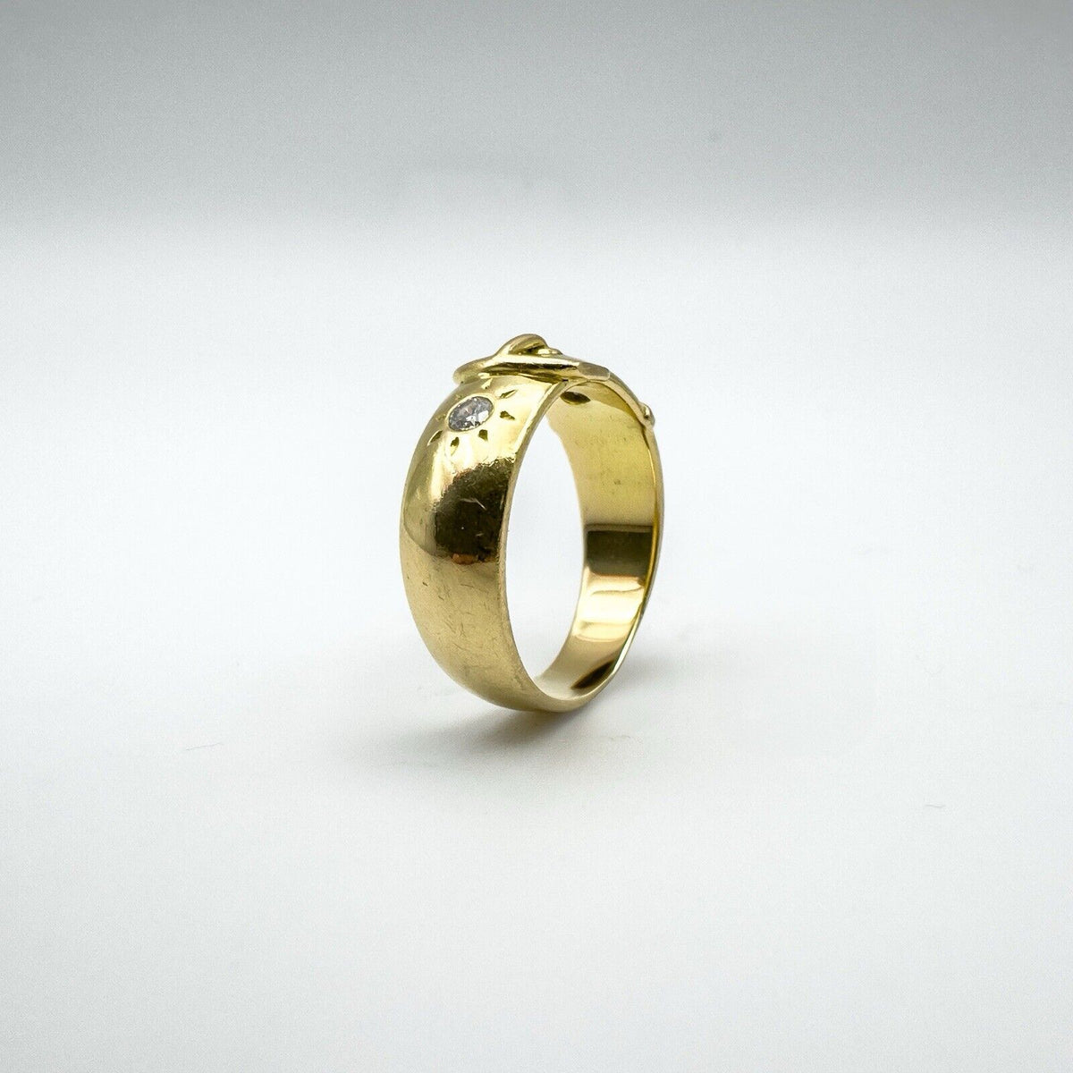 Vintage 18ct Gold 0.20ct Double Diamond Buckle Ring Size P Heavy 7g 6.9mm Band