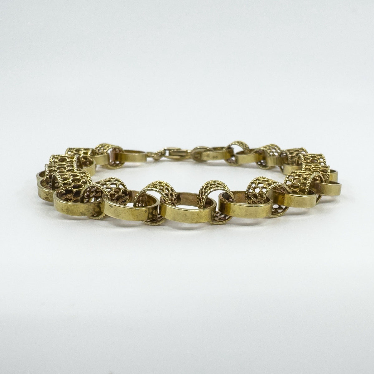 Vintage 9ct Gold Chunky Fancy Links 8” Bracelet 375 (London 1974) 14g
