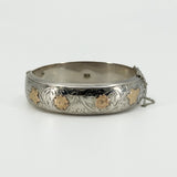 Chunky Vintage Sterling Silver & Rose Gold Engraved Floral Bangle 925 Birm 1959
