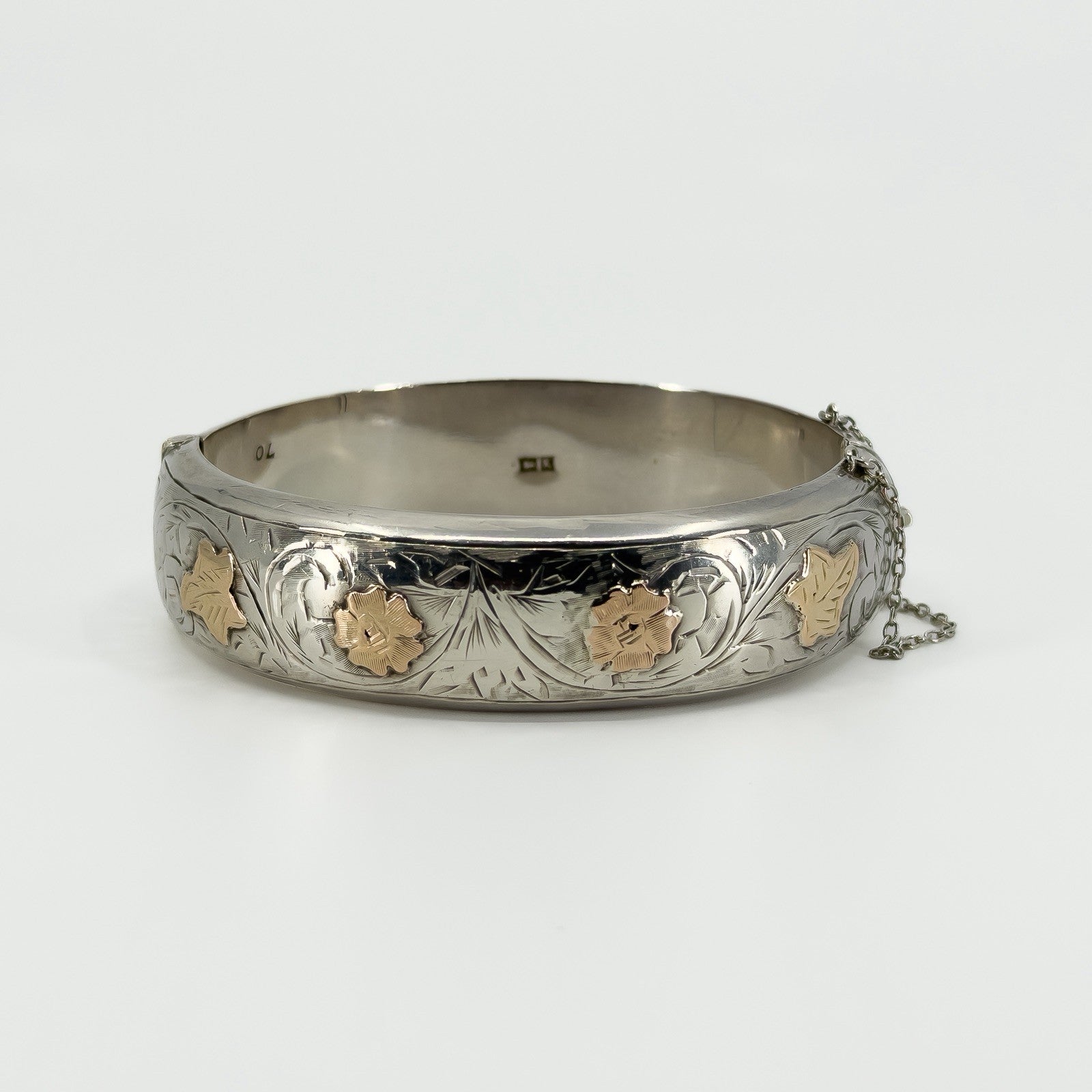 Chunky Vintage Sterling Silver & Rose Gold Engraved Floral Bangle 925 Birm 1959