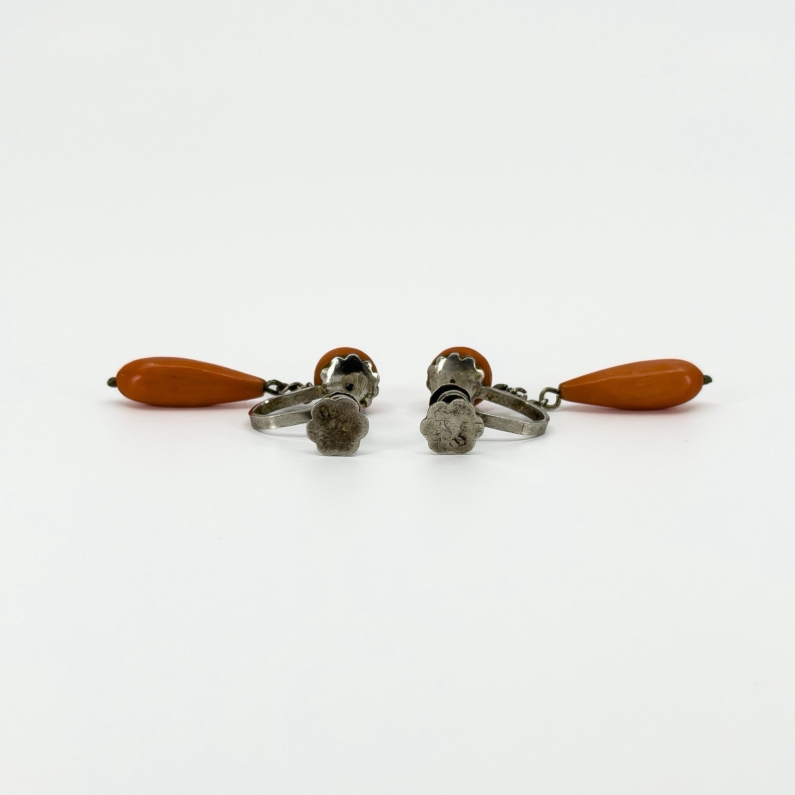 Antique Victorian Sterling Silver Natural Coral Screw Back Earrings 925