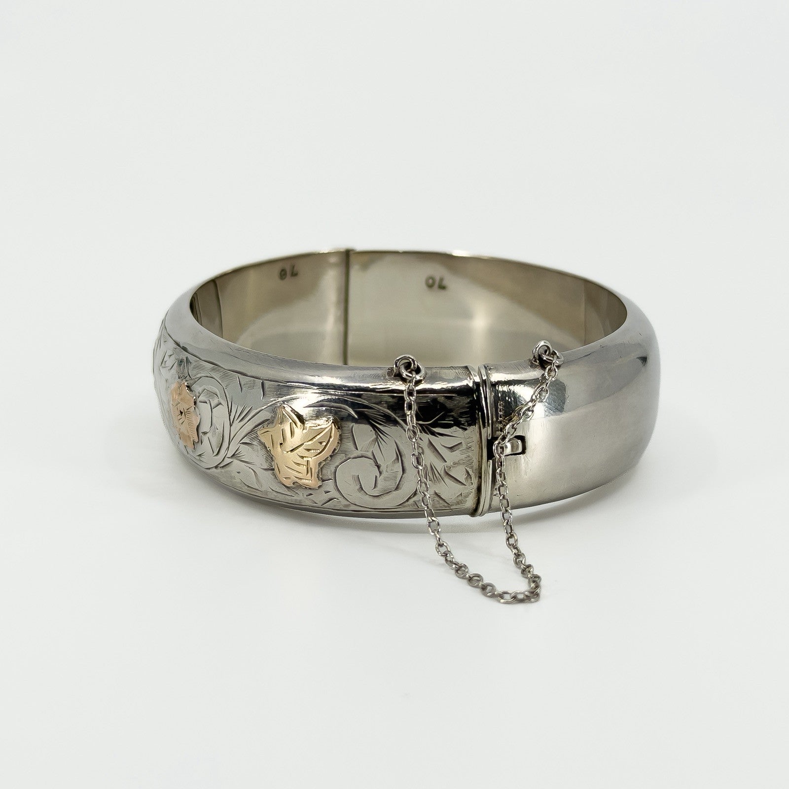 Chunky Vintage Sterling Silver & Rose Gold Engraved Floral Bangle 925 Birm 1959