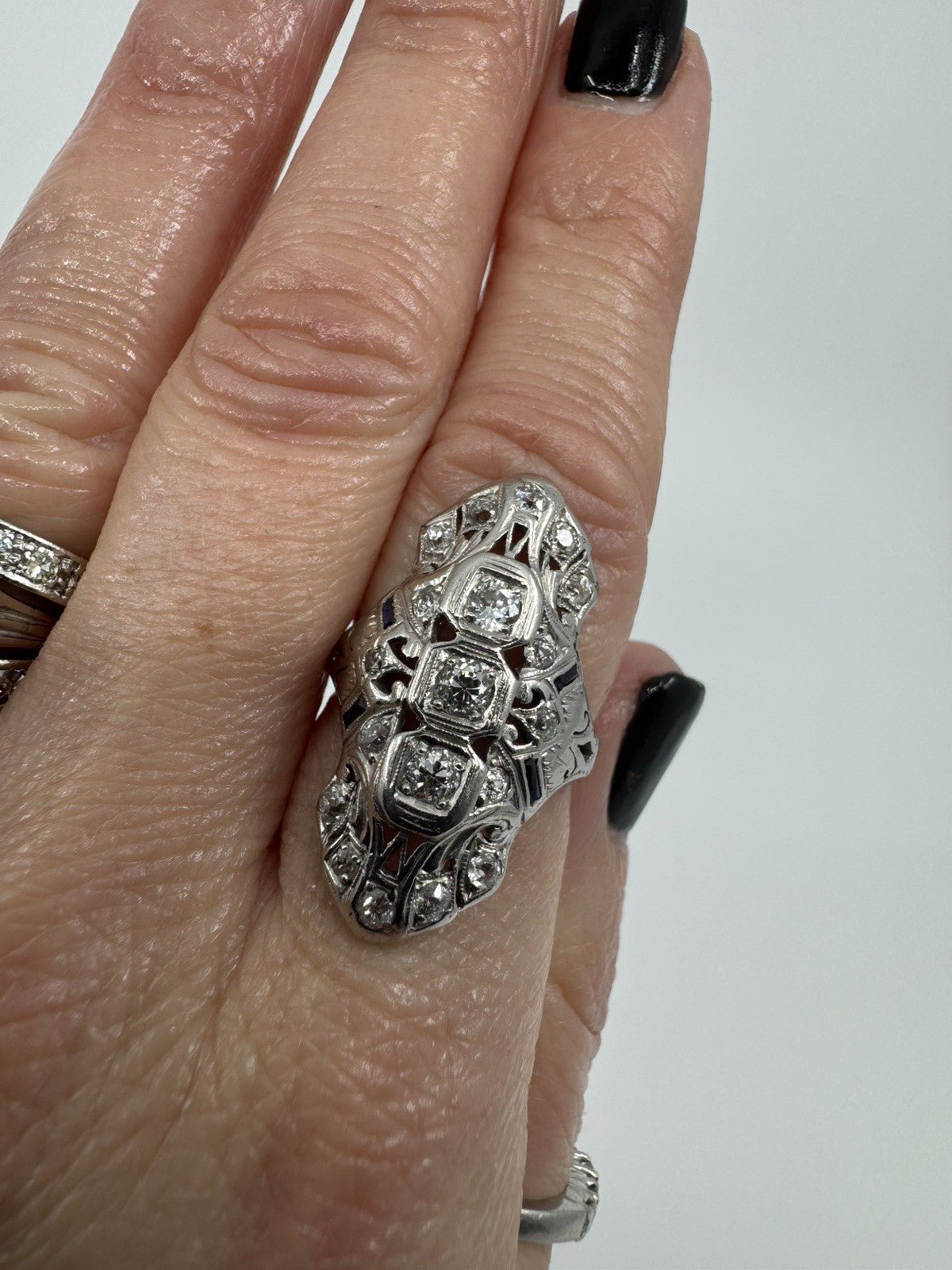 Antique / Art Deco Platinum Diamond & Sapphire Trilogy Navette Ring Size M