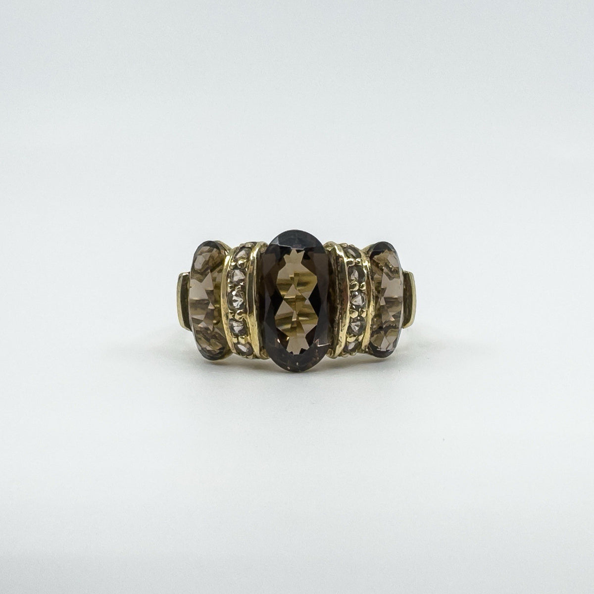 Huge Vintage 9ct Gold Chunky Smokey Quartz Trilogy Size T - U