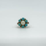 Antique 14ct Gold Pearl & Turquoise Ring Size L