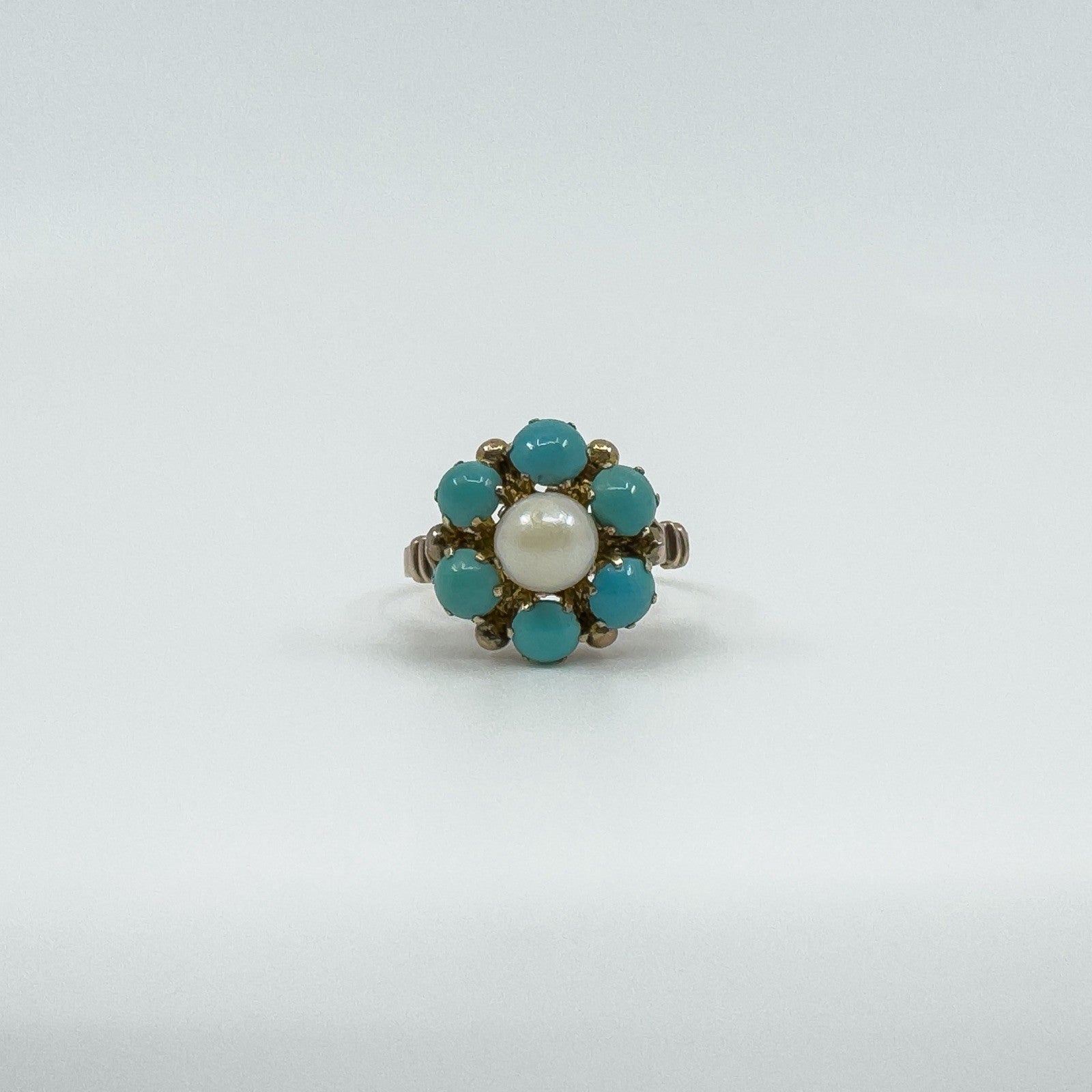 Antique 14ct Gold Pearl & Turquoise Ring Size L