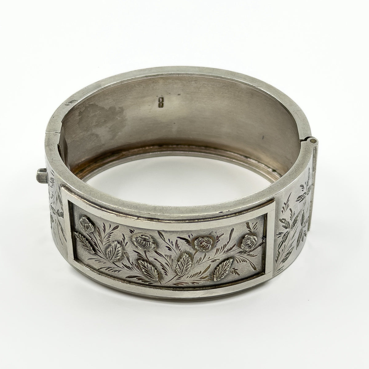 Wide Antique 1883 Victorian Sterling Silver Engraved Floral Bangle 925