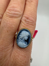Vintage 9ct Gold Blue Agate Carved Cameo Ring Size Q 1/2 Hallmarked Birmingham