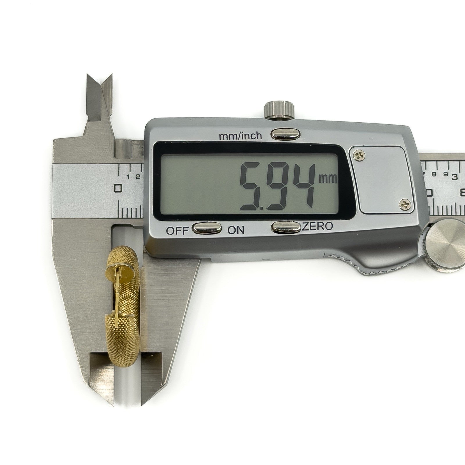 Vintage 9ct gold mesh hoop earring shown with digital calipers measuring approximately 5.94mm wide.