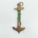 Front view of antique 9ct rose gold anchor pendant set with green jade