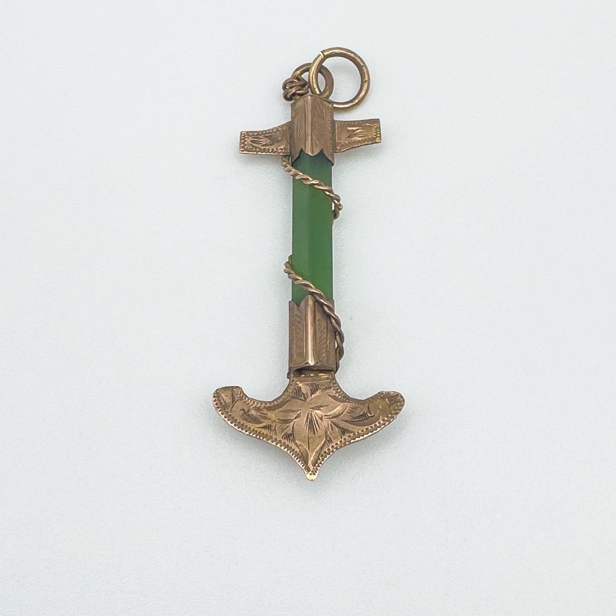 Full view of green jade and 9ct rose gold anchor pendant with engraving