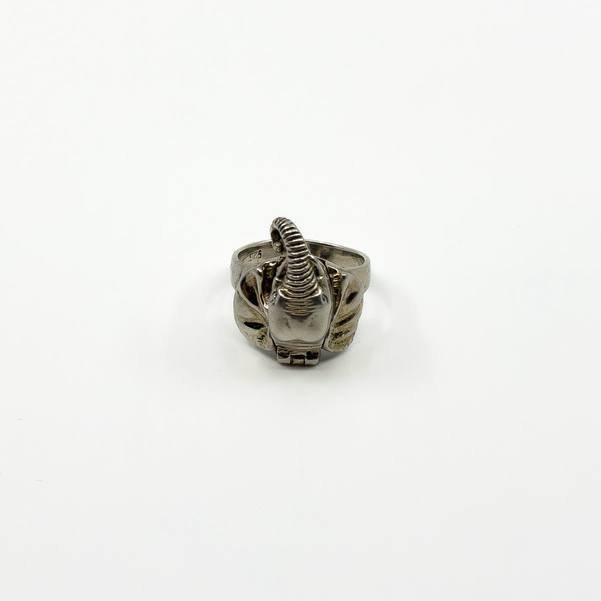 Rear view of chunky sterling silver elephant ring showing the band and elephant head shape