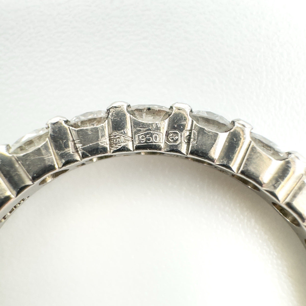 Hallmarks showing PLAT, 950 and Birmingham anchor inside platinum ring