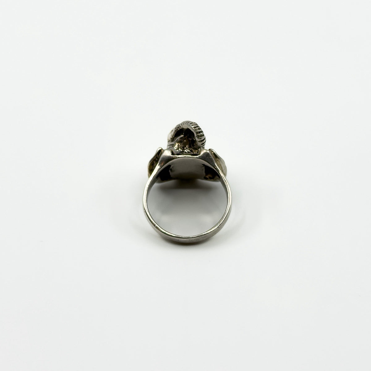 Back view of vintage sterling silver elephant locket ring showing the rounded band and head profile