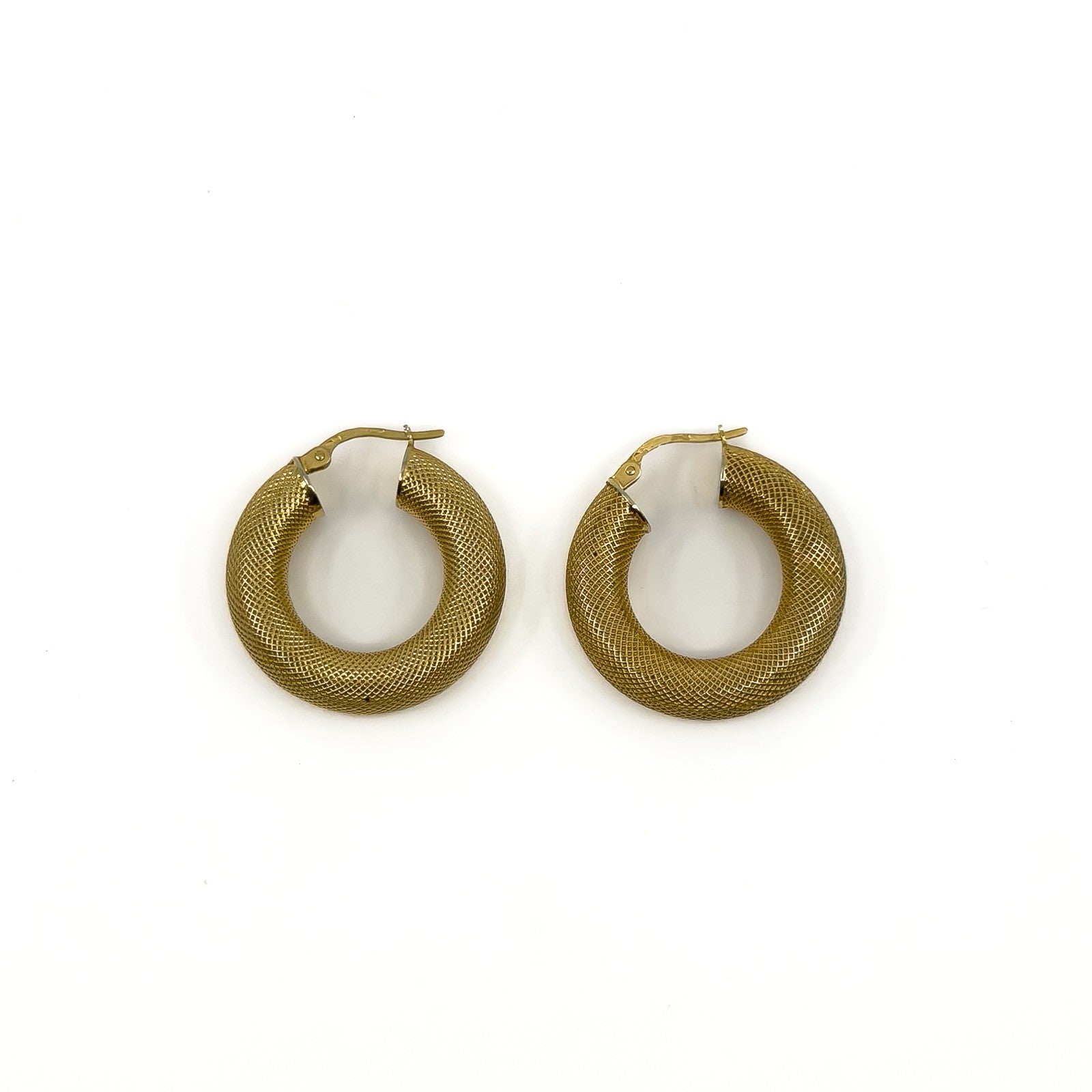Large vintage 9ct gold mesh hoop earrings shown from the front with rounded textured hoops.