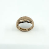 Interior view of antique 12ct rose gold ring, Size J, with hallmark stamps visible along the band