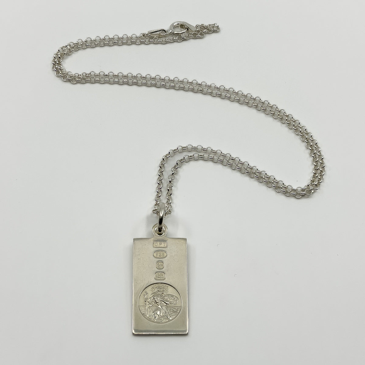 Vintage sterling silver St Christopher ingot pendant with rectangular shape, hallmarks and chain attached