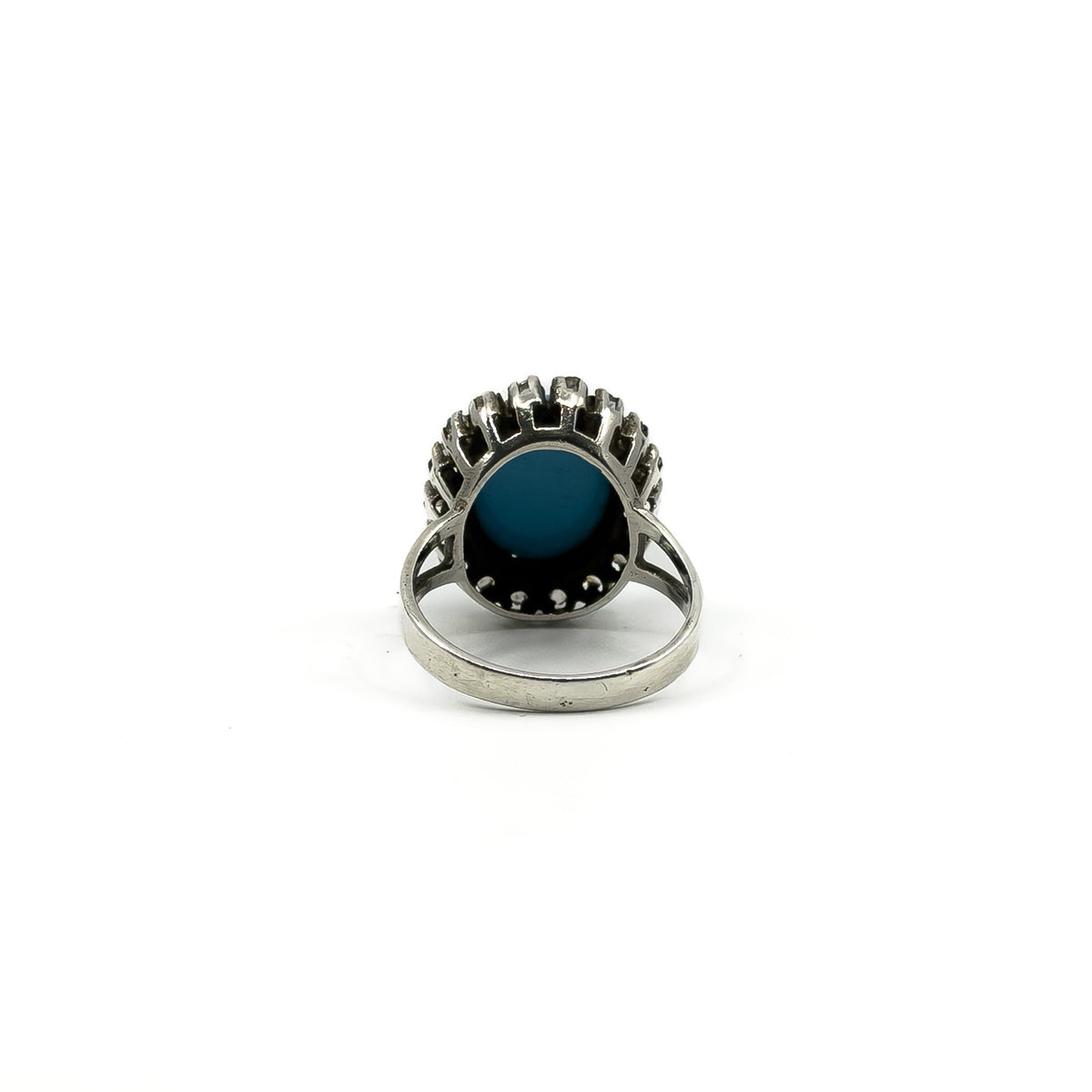 Back view of the sterling silver turquoise and diamond halo ring setting