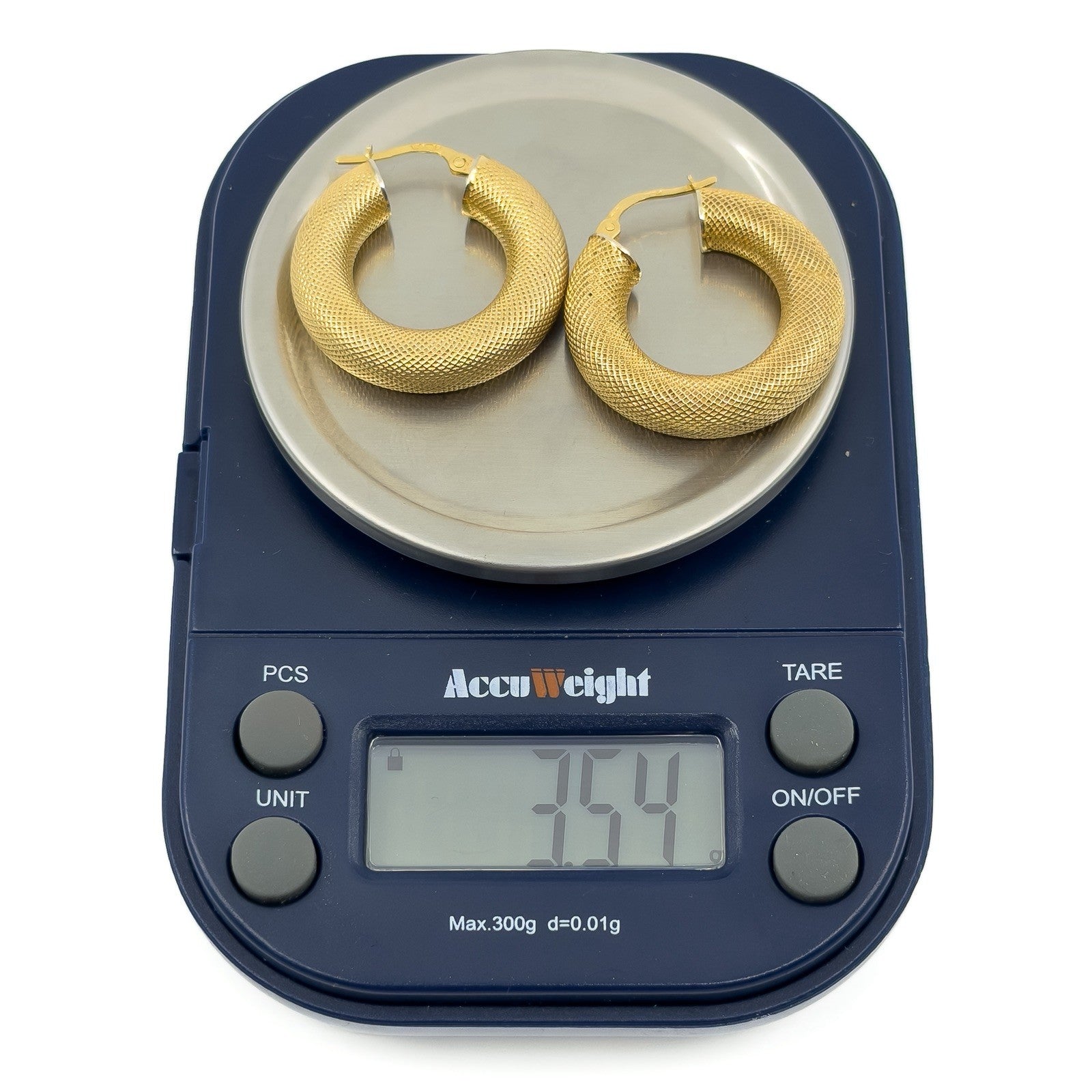 Large vintage 9ct gold mesh hoop earrings shown on scales weighing approximately 3.54g together.