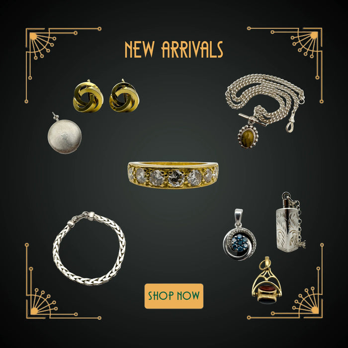 Collection of jewellery including earrings, a ring, and pendants on a dark background with 'New Arrivals' text.