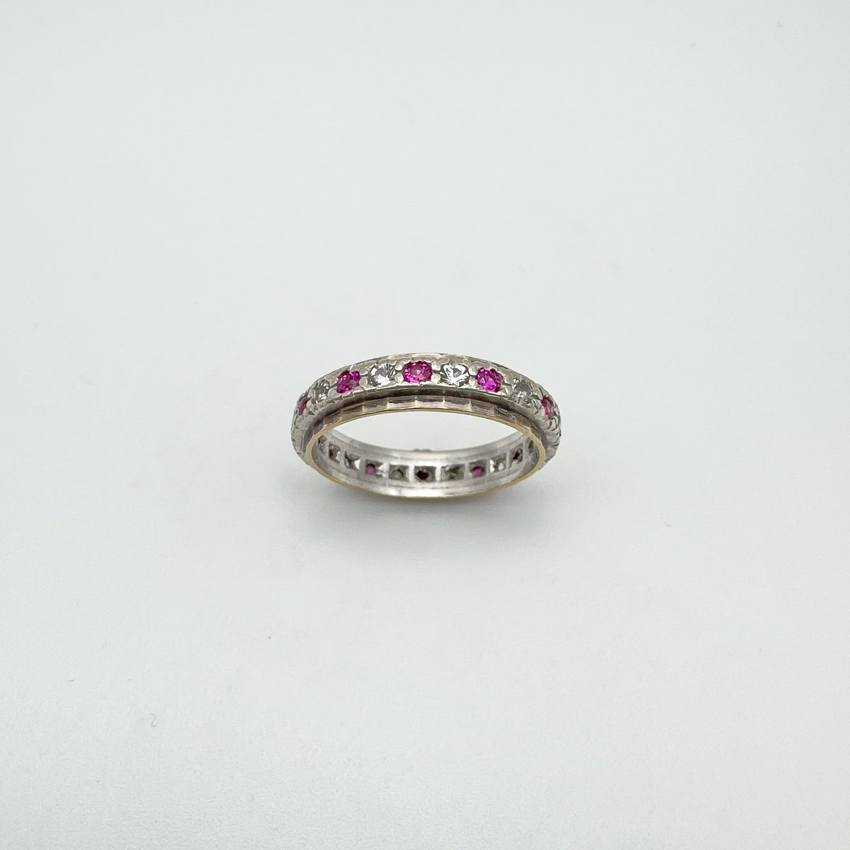 Vintage Pink & White Spinel Full Eternity Ring in 9ct Gold & Silver Size K - L